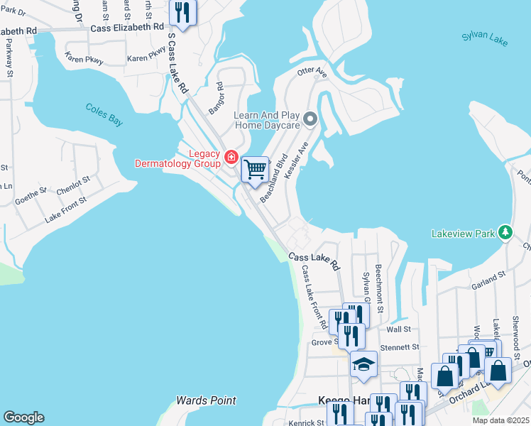 map of restaurants, bars, coffee shops, grocery stores, and more near 1565 Cass Lake Road in Keego Harbor