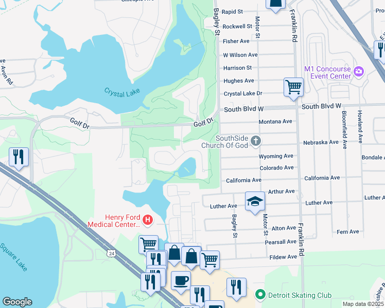 map of restaurants, bars, coffee shops, grocery stores, and more near 1287 Oaklawn Drive in Pontiac