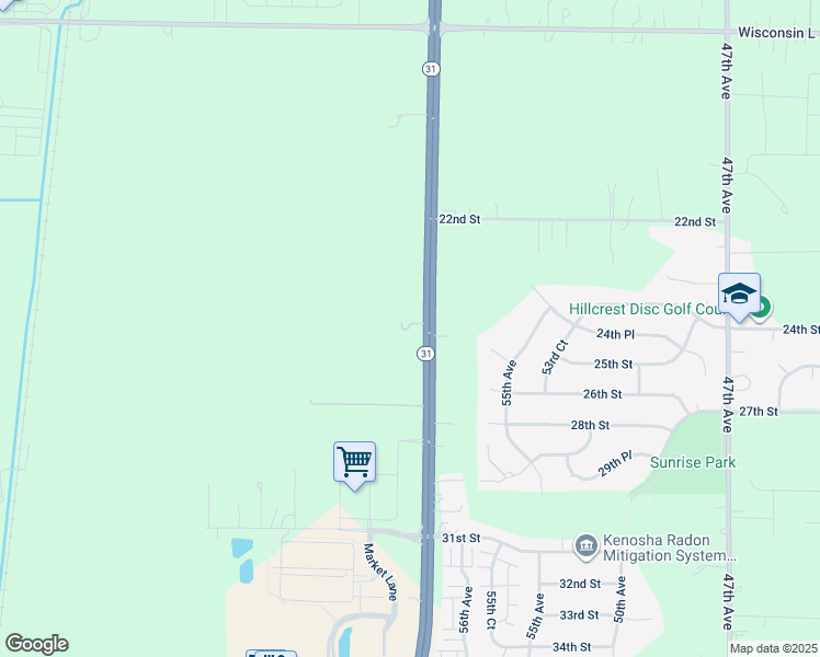 map of restaurants, bars, coffee shops, grocery stores, and more near 2500 Green Bay Road in Kenosha