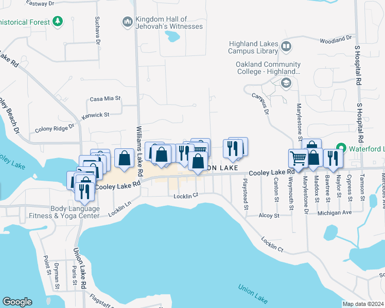 map of restaurants, bars, coffee shops, grocery stores, and more near 7718 Lake Ridge Drive in Waterford Township