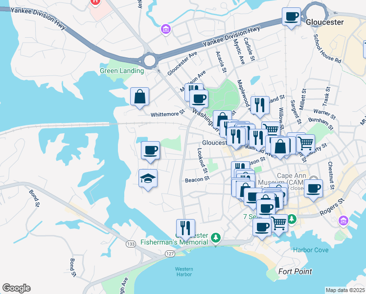 map of restaurants, bars, coffee shops, grocery stores, and more near 32 Exchange Street in Gloucester