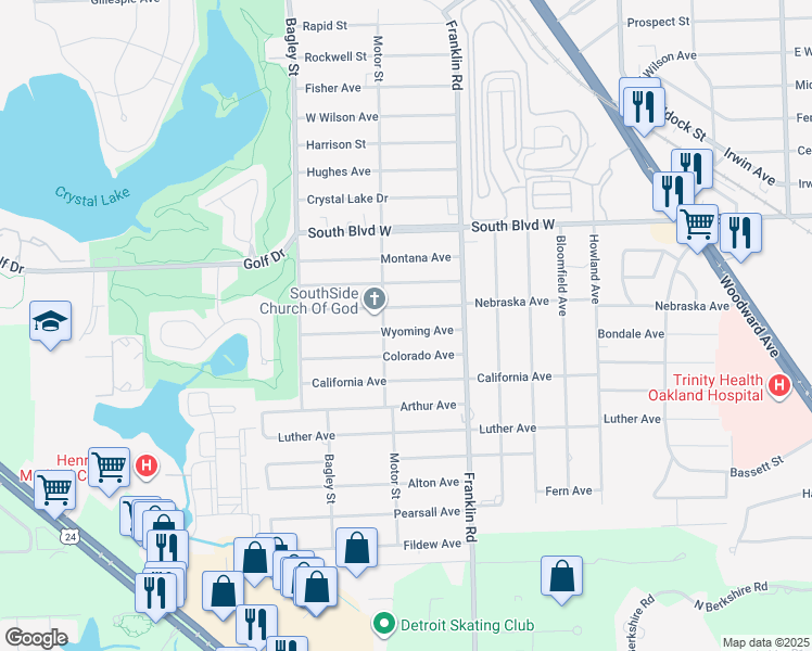map of restaurants, bars, coffee shops, grocery stores, and more near 502 Wyoming Avenue in Pontiac