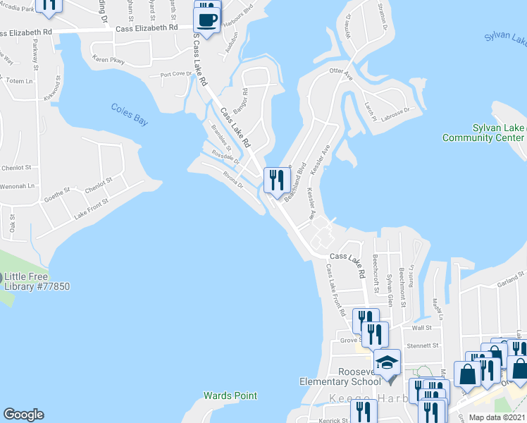 map of restaurants, bars, coffee shops, grocery stores, and more near 1550 Rivona Drive in Waterford Township