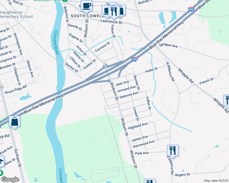 map of restaurants, bars, coffee shops, grocery stores, and more near Woburn Street in Lowell