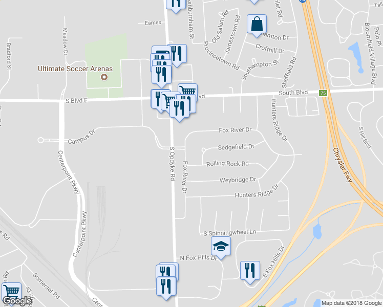 map of restaurants, bars, coffee shops, grocery stores, and more near 1707 Fox River Drive in Bloomfield Hills