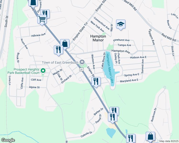 map of restaurants, bars, coffee shops, grocery stores, and more near 50 Southern Avenue in Rensselaer