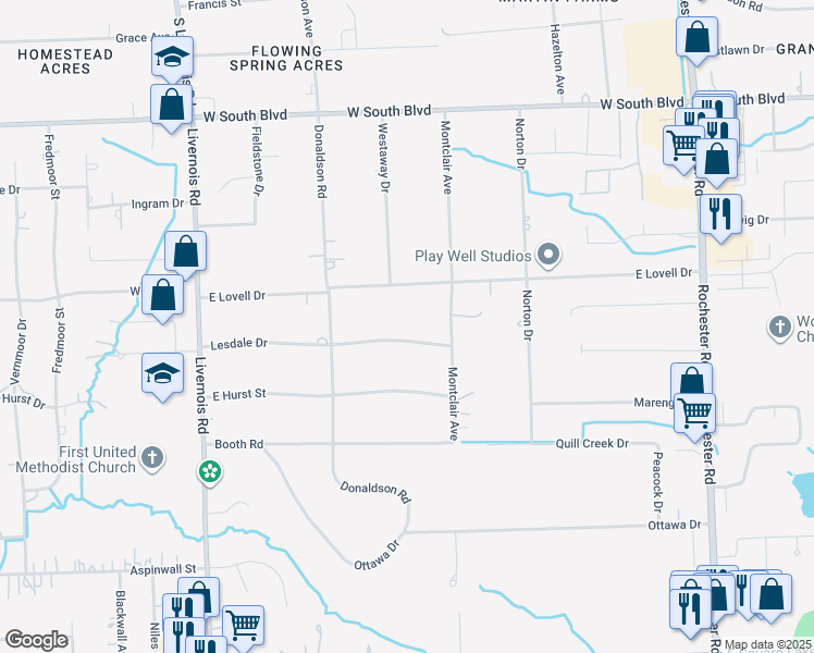 map of restaurants, bars, coffee shops, grocery stores, and more near 415 Lesdale Dr in Troy