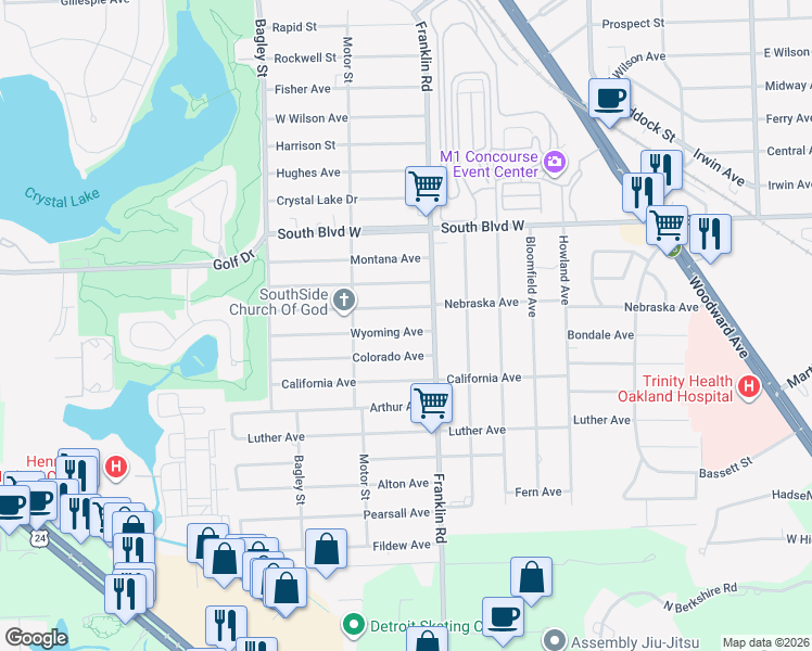 map of restaurants, bars, coffee shops, grocery stores, and more near 466 Wyoming Avenue in Pontiac