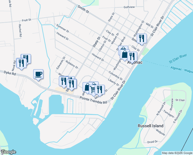 map of restaurants, bars, coffee shops, grocery stores, and more near 804 Townsend Cresent East in Algonac