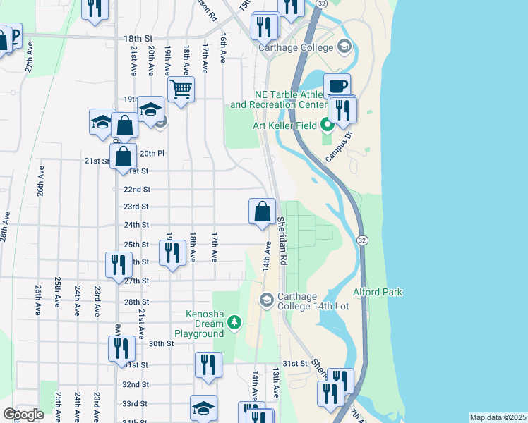 map of restaurants, bars, coffee shops, grocery stores, and more near 2310 14th Avenue in Kenosha