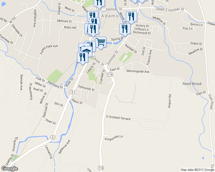 map of restaurants, bars, coffee shops, grocery stores, and more near 29.5 Orchard Street in Adams