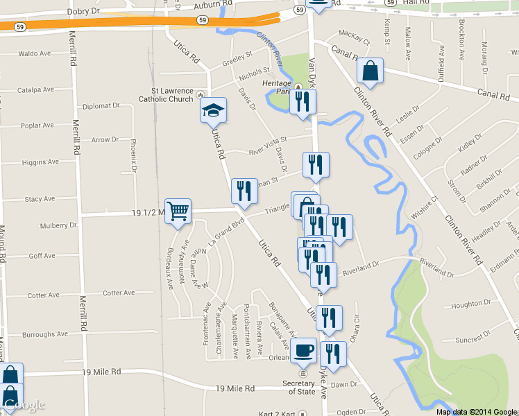 map of restaurants, bars, coffee shops, grocery stores, and more near 7361 Triangle Drive in Sterling Heights