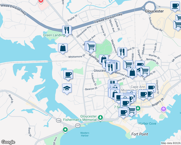map of restaurants, bars, coffee shops, grocery stores, and more near 32 Exchange Street in Gloucester