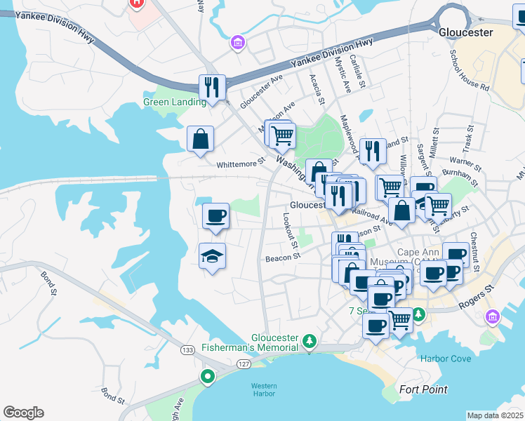 map of restaurants, bars, coffee shops, grocery stores, and more near 32 Exchange Street in Gloucester