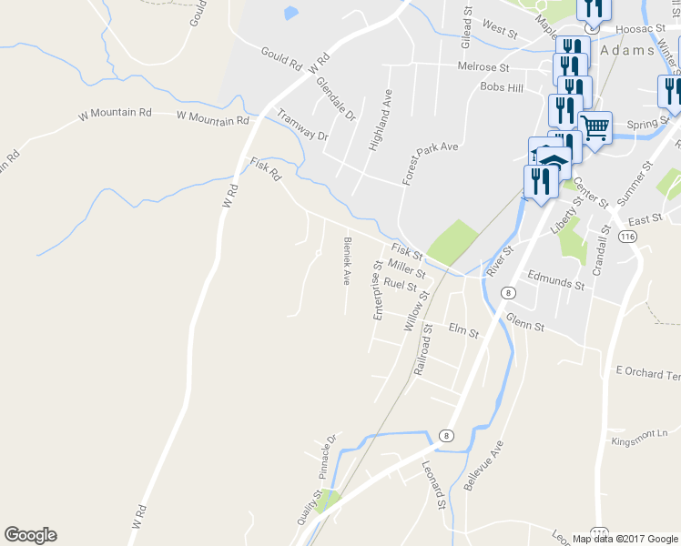 map of restaurants, bars, coffee shops, grocery stores, and more near 14 Bieniek Avenue in Adams