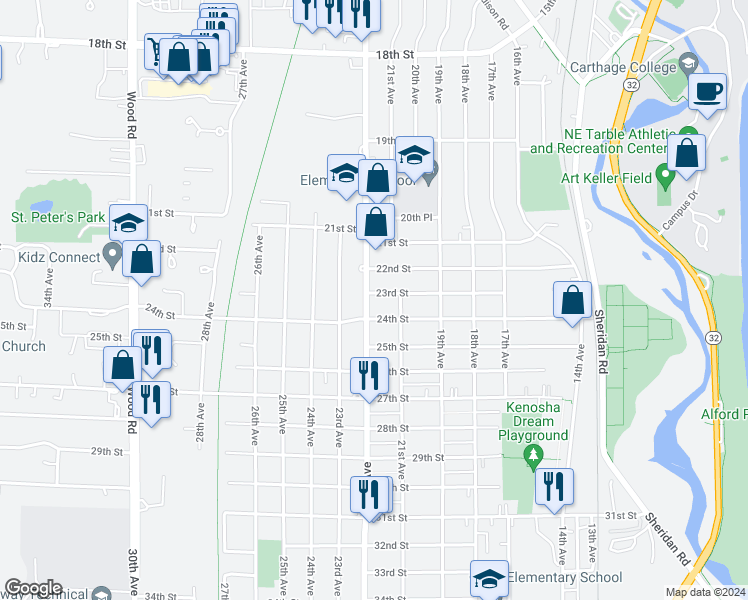 map of restaurants, bars, coffee shops, grocery stores, and more near 2131 23rd Street in Kenosha