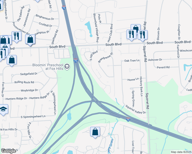 map of restaurants, bars, coffee shops, grocery stores, and more near 1688 South Hill Boulevard in Bloomfield Hills
