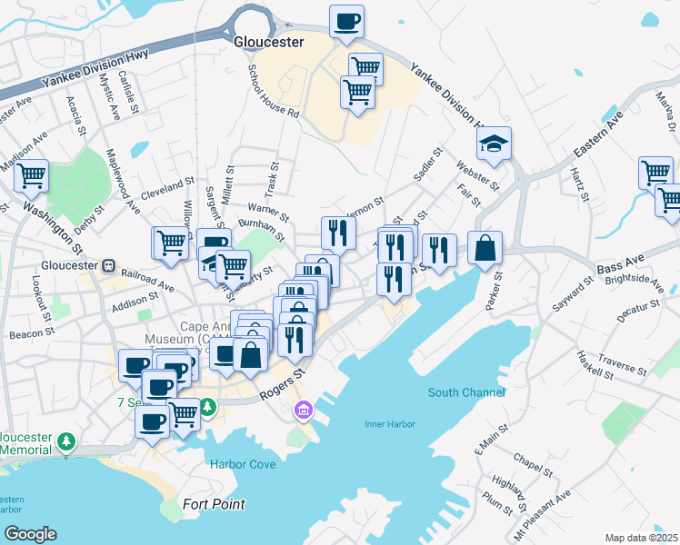 map of restaurants, bars, coffee shops, grocery stores, and more near 7 Spring Court in Gloucester