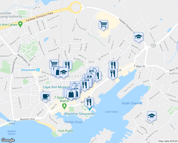 map of restaurants, bars, coffee shops, grocery stores, and more near 118 Prospect Street in Gloucester