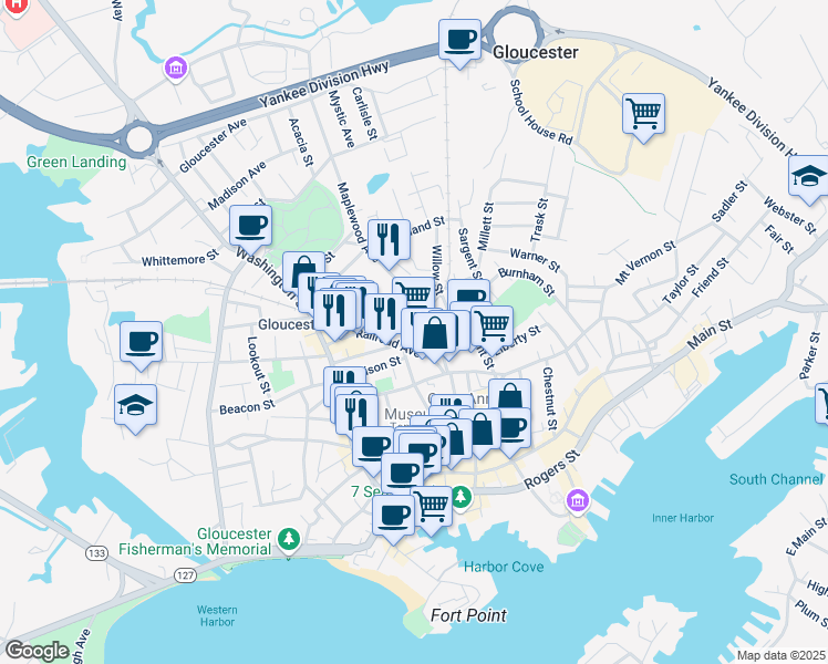 map of restaurants, bars, coffee shops, grocery stores, and more near 20 Maplewood Avenue in Gloucester