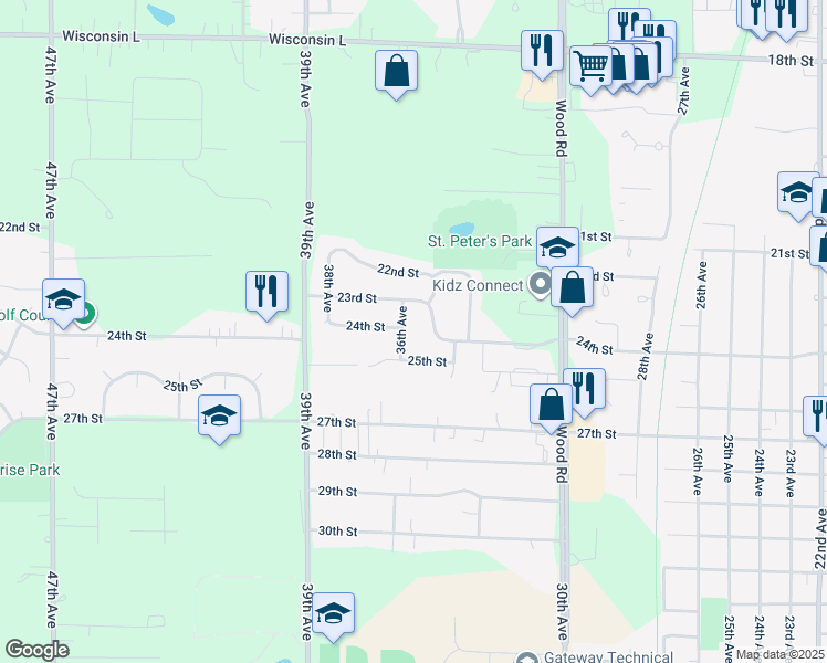 map of restaurants, bars, coffee shops, grocery stores, and more near 2401 36th Avenue in Kenosha