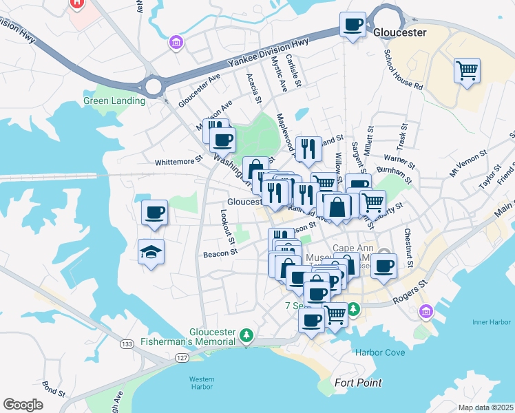 map of restaurants, bars, coffee shops, grocery stores, and more near 130 Washington Street in Gloucester