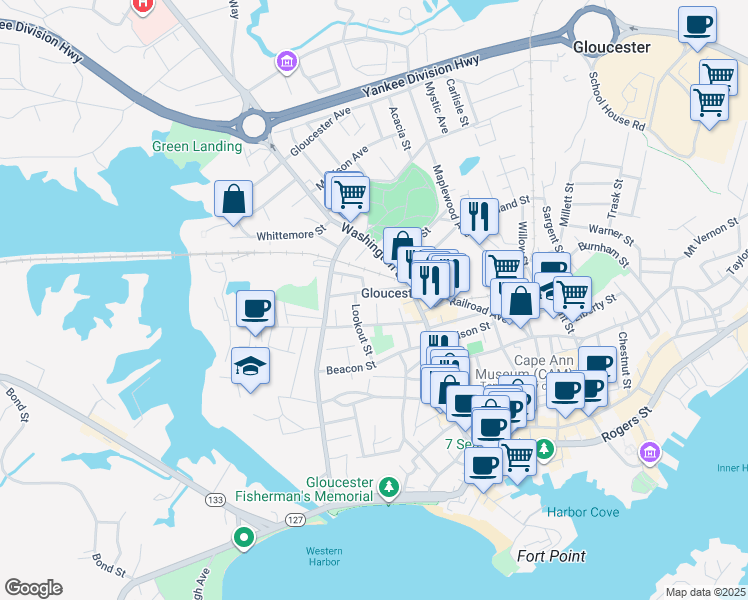 map of restaurants, bars, coffee shops, grocery stores, and more near 16R Exchange Street in Gloucester