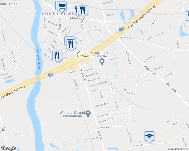 map of restaurants, bars, coffee shops, grocery stores, and more near 45 Armand Avenue in Lowell