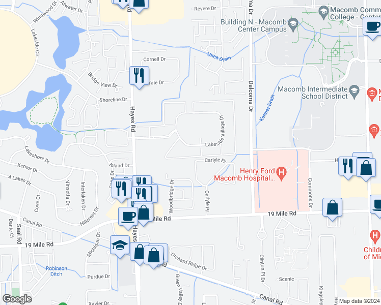 map of restaurants, bars, coffee shops, grocery stores, and more near 15810 Lakeside Village Drive in Clinton Township