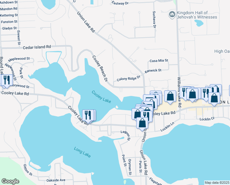 map of restaurants, bars, coffee shops, grocery stores, and more near 8467 Cooley Beach Drive in Oakland County