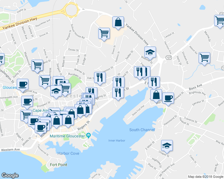 map of restaurants, bars, coffee shops, grocery stores, and more near 14 Friend Street in Gloucester