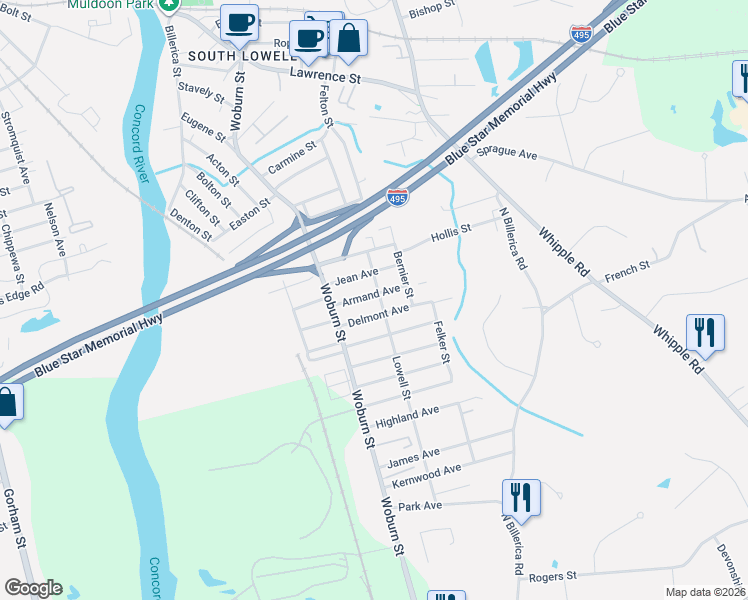 map of restaurants, bars, coffee shops, grocery stores, and more near 45 Armand Avenue in Lowell