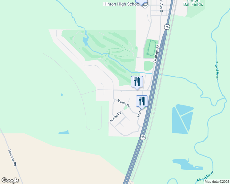 map of restaurants, bars, coffee shops, grocery stores, and more near 1002 Valley Drive in Hinton