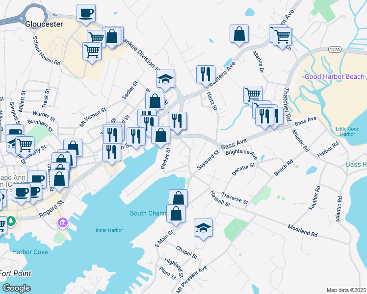 map of restaurants, bars, coffee shops, grocery stores, and more near 35 East Main Street in Gloucester