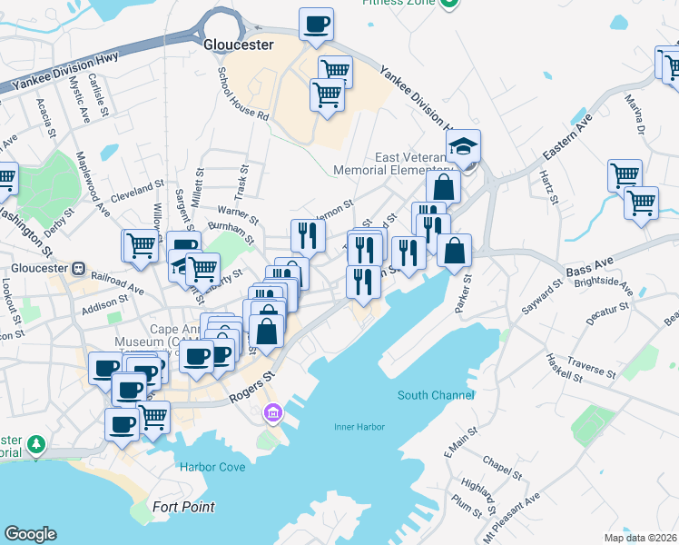 map of restaurants, bars, coffee shops, grocery stores, and more near 10 Friend Street in Gloucester