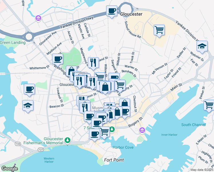 map of restaurants, bars, coffee shops, grocery stores, and more near 20 Maplewood Avenue in Gloucester