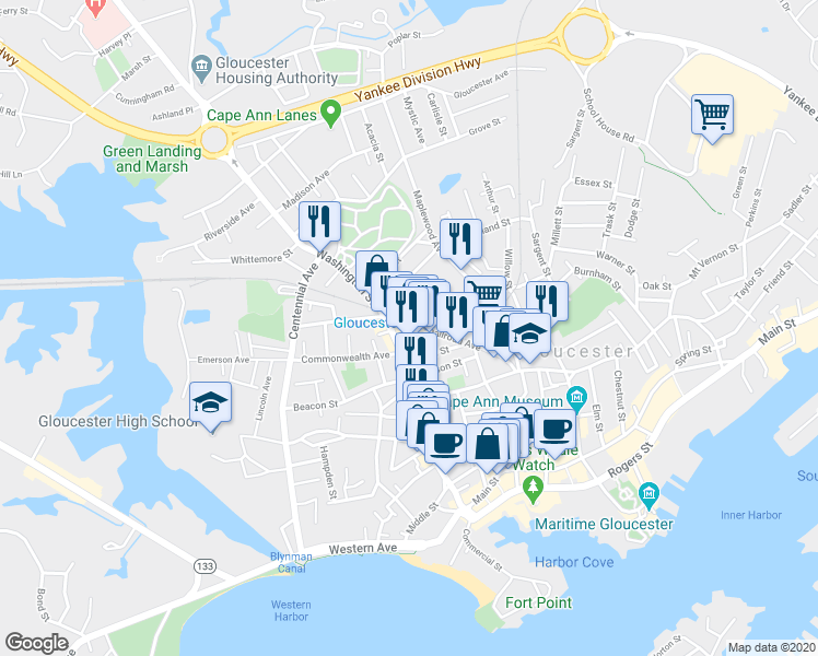 map of restaurants, bars, coffee shops, grocery stores, and more near 30 Railroad Avenue in Gloucester