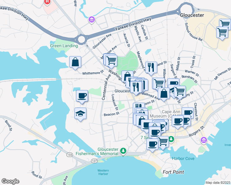 map of restaurants, bars, coffee shops, grocery stores, and more near 16R Exchange Street in Gloucester