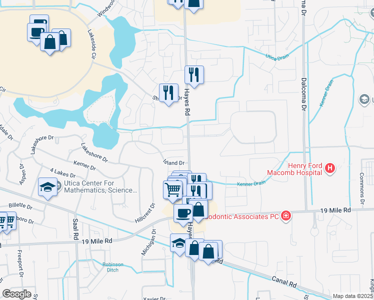 map of restaurants, bars, coffee shops, grocery stores, and more near in Clinton Township