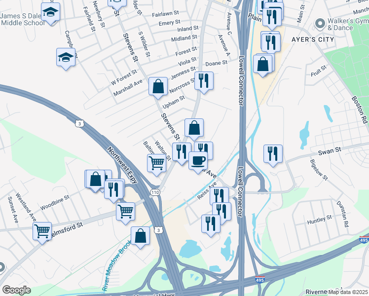 map of restaurants, bars, coffee shops, grocery stores, and more near 16 Industrial Avenue in Lowell
