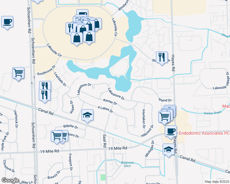 map of restaurants, bars, coffee shops, grocery stores, and more near 14357 Lakeshore Drive in Sterling Heights