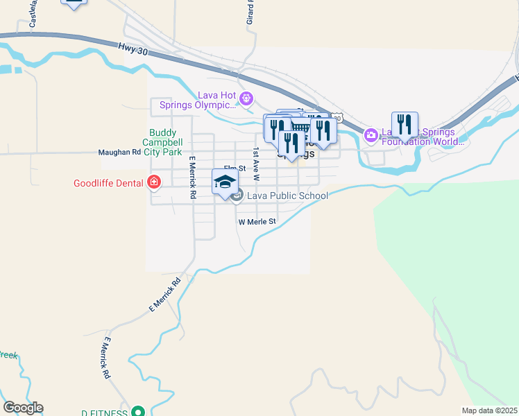 map of restaurants, bars, coffee shops, grocery stores, and more near 91 West Fife Street in Lava Hot Springs