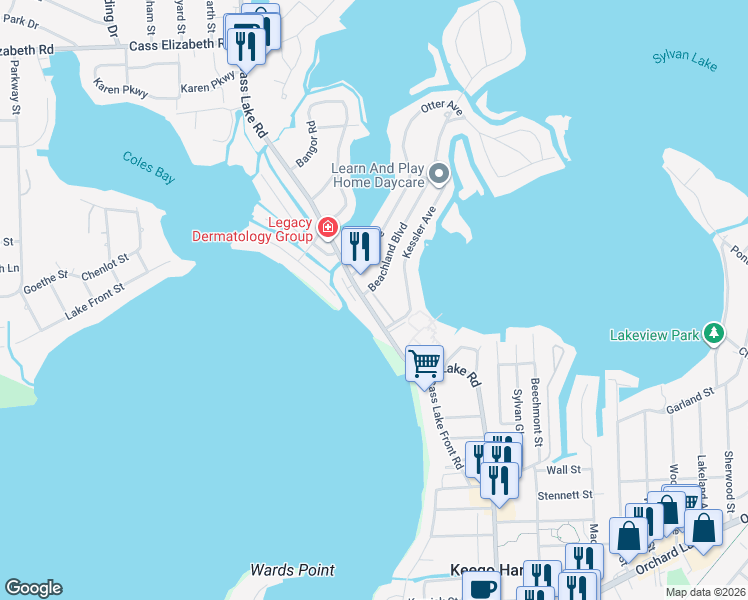 map of restaurants, bars, coffee shops, grocery stores, and more near 1565 Cass Lake Road in Keego Harbor