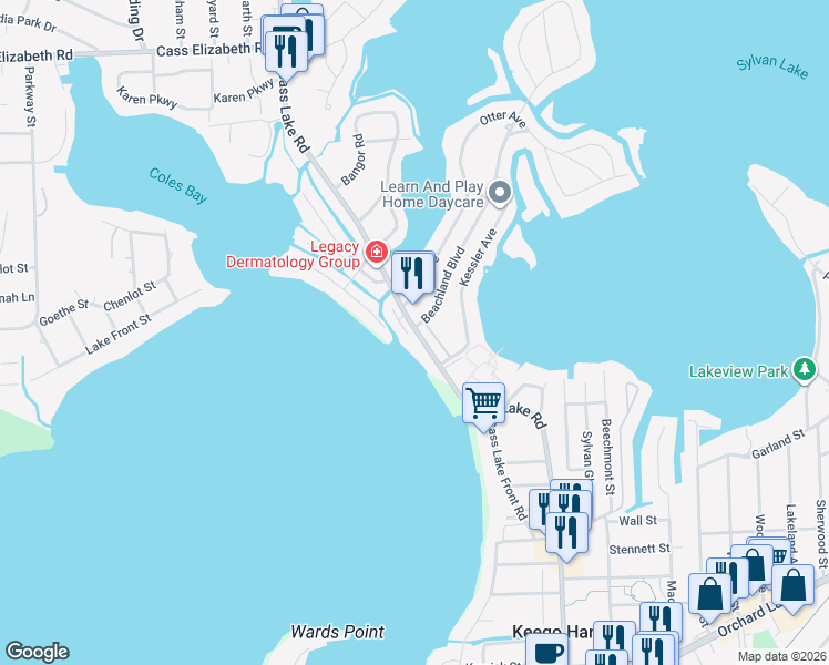 map of restaurants, bars, coffee shops, grocery stores, and more near 1565 Cass Lake Road in Keego Harbor