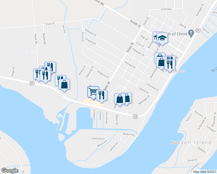 map of restaurants, bars, coffee shops, grocery stores, and more near 530 State Street in Algonac