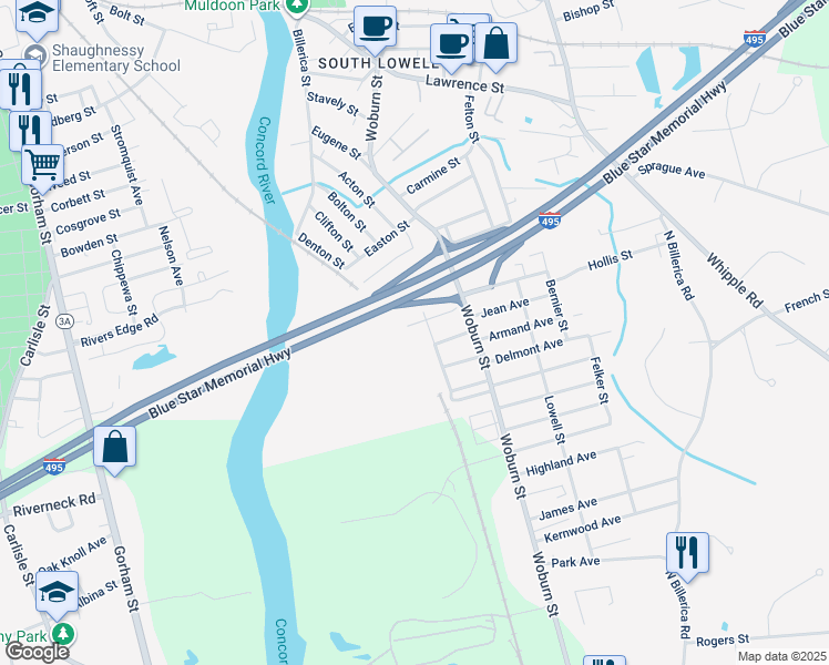 map of restaurants, bars, coffee shops, grocery stores, and more near 5 Crystal Street in Lowell
