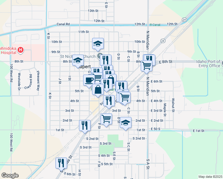 map of restaurants, bars, coffee shops, grocery stores, and more near 502 E Street in Rupert