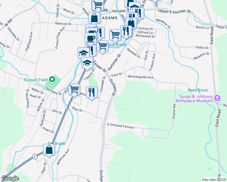 map of restaurants, bars, coffee shops, grocery stores, and more near 29.5 Orchard Street in Adams