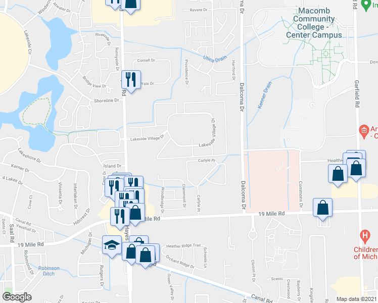 map of restaurants, bars, coffee shops, grocery stores, and more near 15810 Lakeside Village Drive in Clinton Township