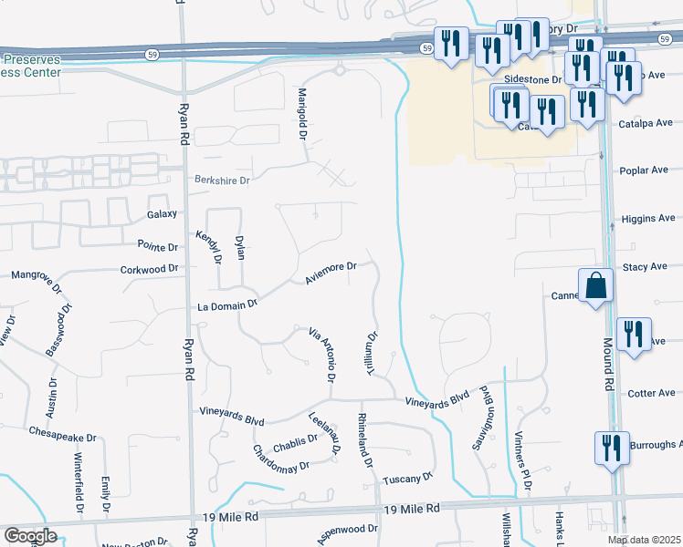 map of restaurants, bars, coffee shops, grocery stores, and more near 4798 Aviemore Drive in Sterling Heights
